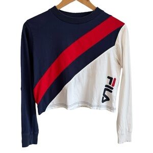 Fila Sporty Long Sleeve Cropped Top Sz XS Blue White Red Athletic Shirt Logo GUC